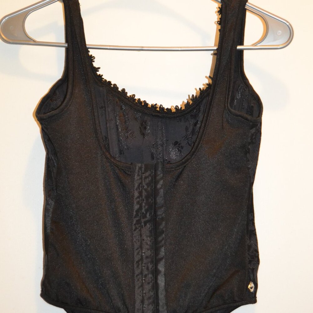 Coquette black boned corset lace-lined cleavage hook/eye long line corset top L